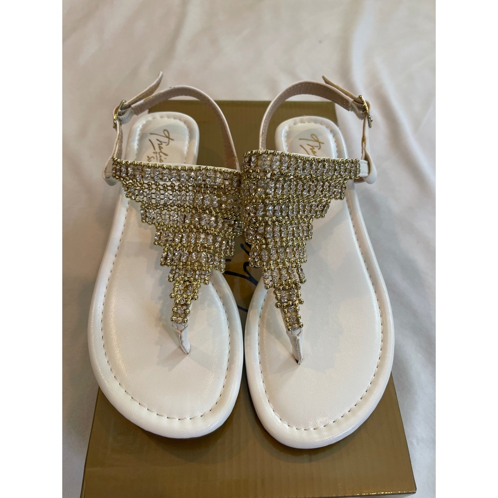 Thalia Sodi Ivorie White Gold Rhinestone T-Strap Flat Sandals Womens 5.5 M NEW